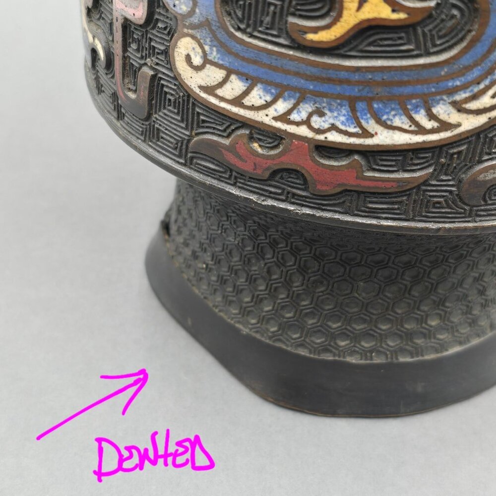 Antique Japanese Bronze Champleve Vase 11" Archaic Dragon Handle Meiji Style - Picture 8 of 16